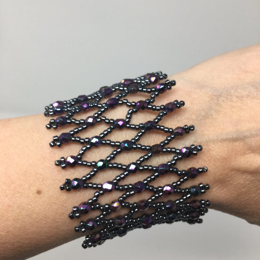 Hematite Iridescent Purple Glass Crystal Wide Open Net Seed Bead Cuff Bracelet